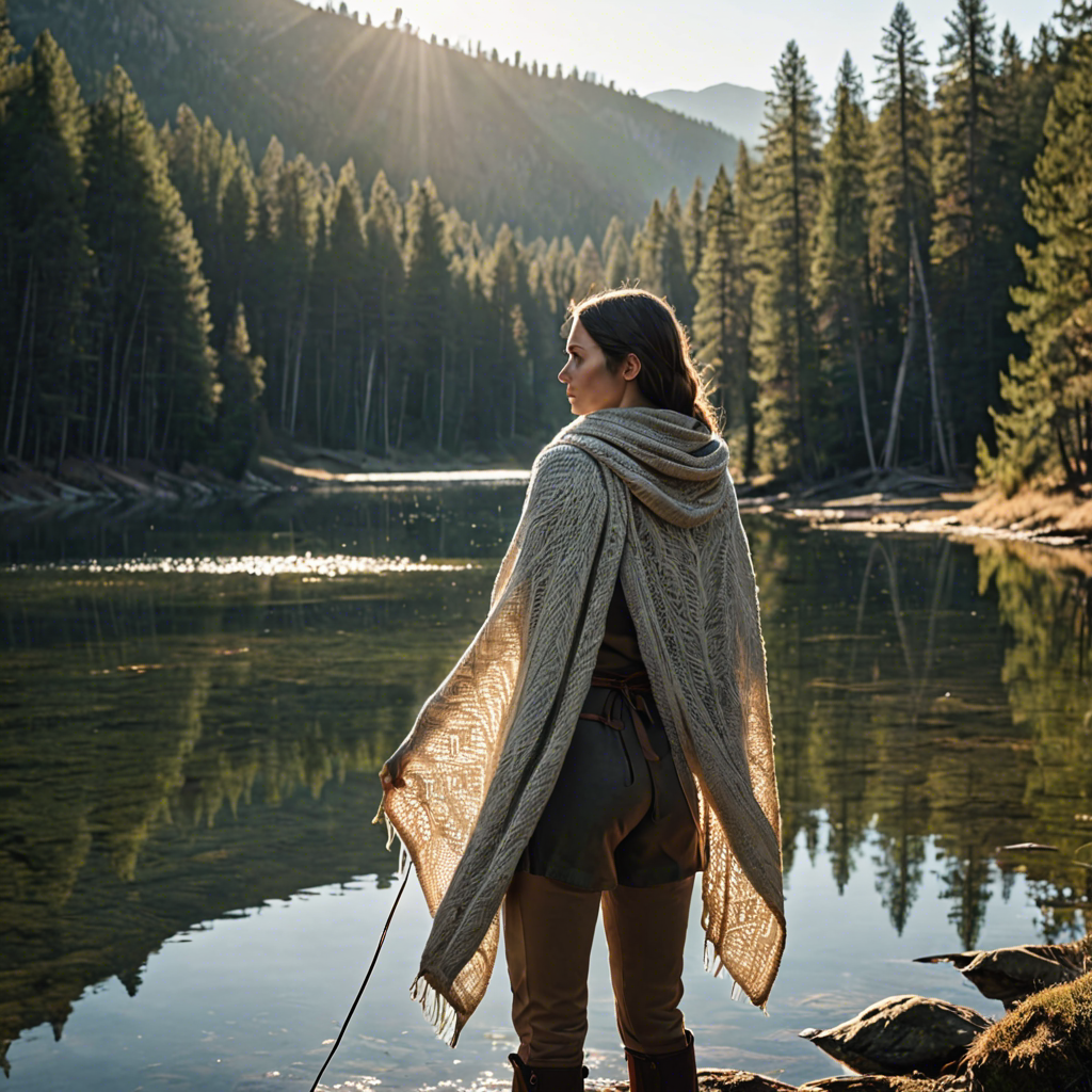 a woman archer wrapped in a warm woolen scarf, standing in a mountain lake surrounded by pines, gentle backlight, detailed — image 15