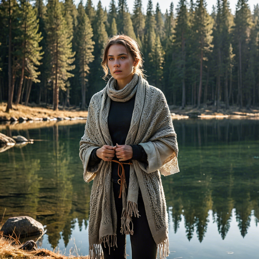 a woman archer wrapped in a warm woolen scarf, standing in a mountain lake surrounded by pines, gentle backlight, detailed — image 16