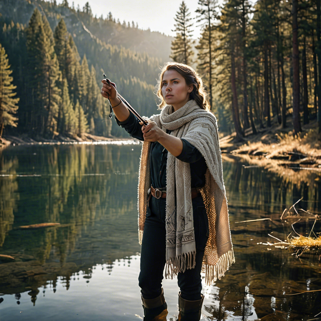 a woman archer wrapped in a warm woolen scarf, standing in a mountain lake surrounded by pines, gentle backlight, detailed — image 17