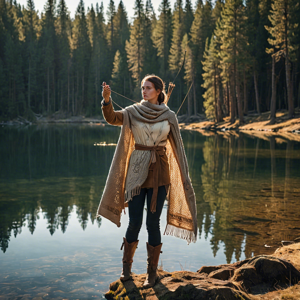 a woman archer wrapped in a warm woolen scarf, standing in a mountain lake surrounded by pines, gentle backlight, detailed — image 18