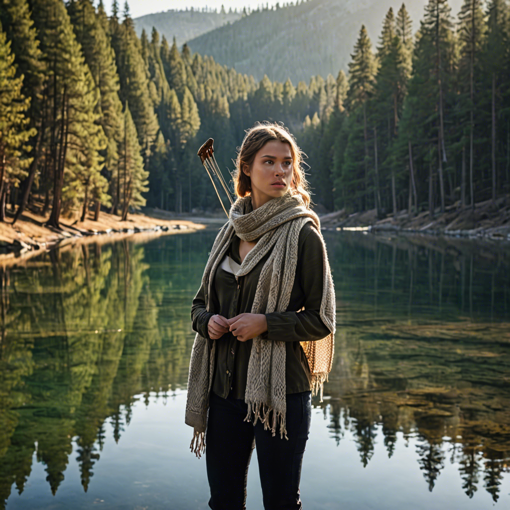 a woman archer wrapped in a warm woolen scarf, standing in a mountain lake surrounded by pines, gentle backlight, detailed — image 19
