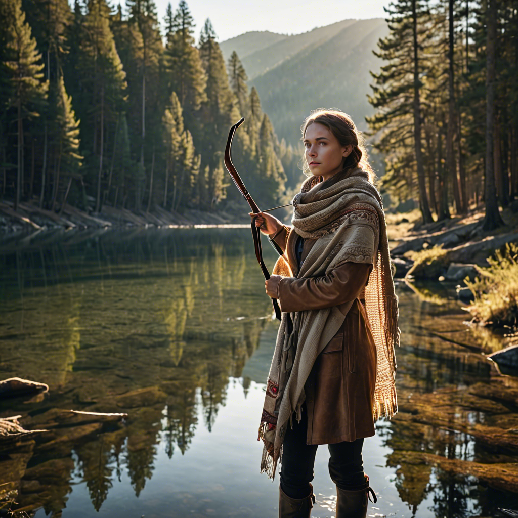 a woman archer wrapped in a warm woolen scarf, standing in a mountain lake surrounded by pines, gentle backlight, detailed — image 20