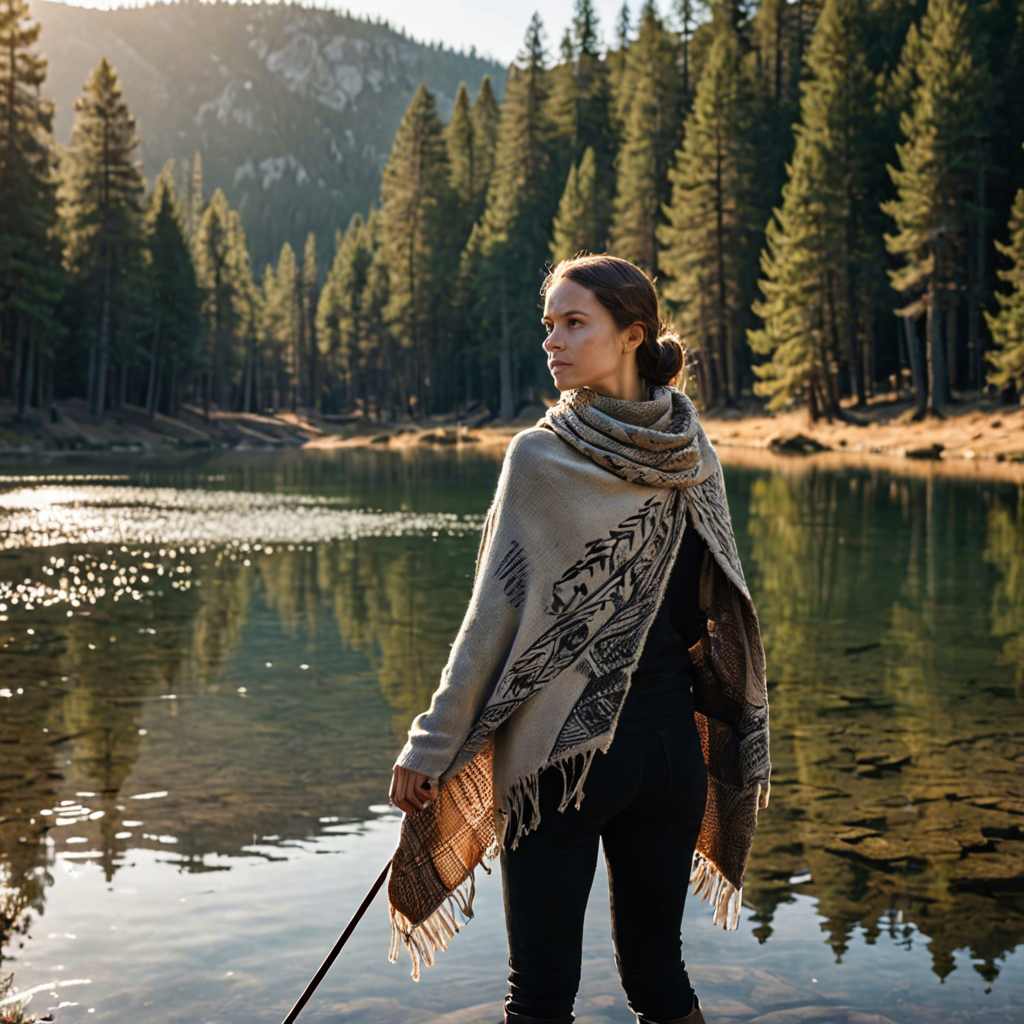 a woman archer wrapped in a warm woolen scarf, standing in a mountain lake surrounded by pines, gentle backlight, detailed — image 21