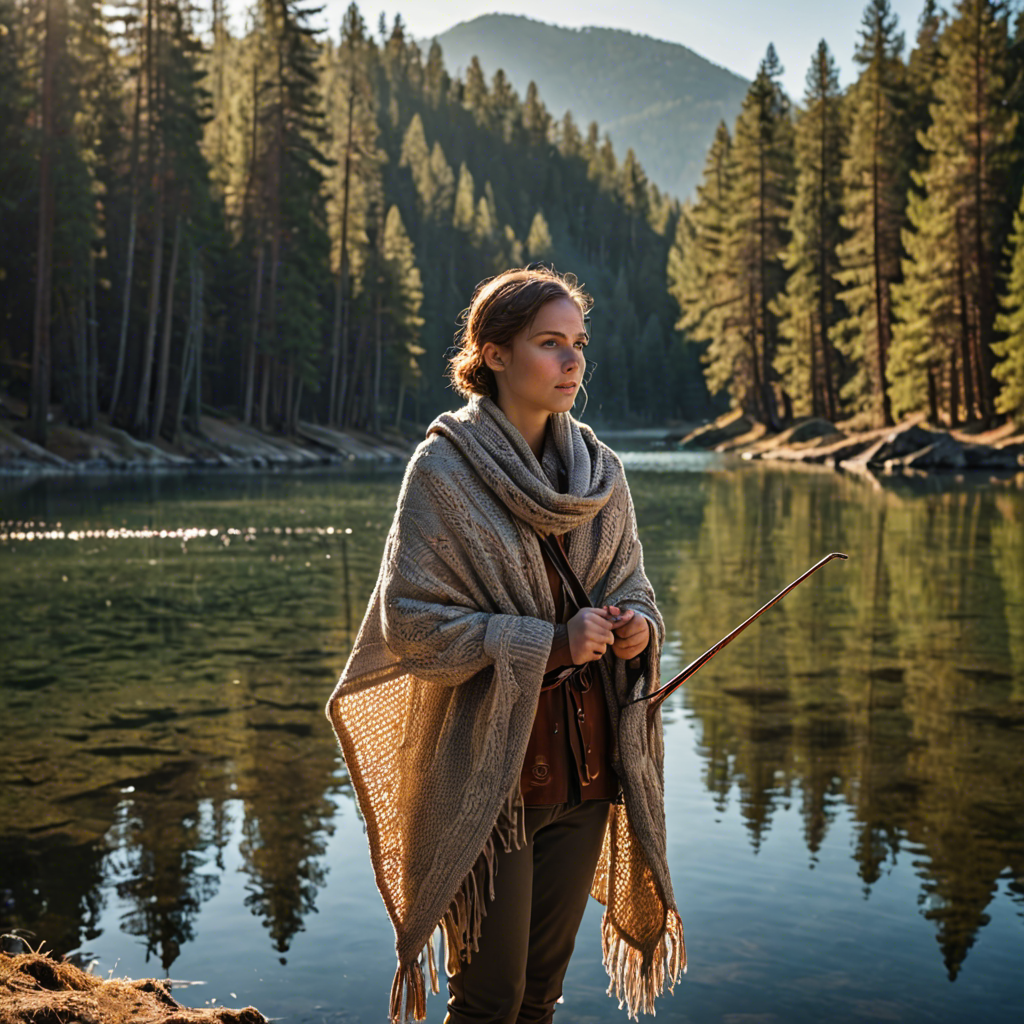 a woman archer wrapped in a warm woolen scarf, standing in a mountain lake surrounded by pines, gentle backlight, detailed — image 22