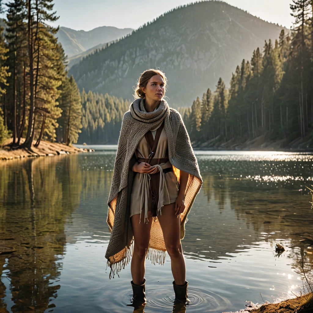a woman archer wrapped in a warm woolen scarf, standing in a mountain lake surrounded by pines, gentle backlight, detailed — image 23