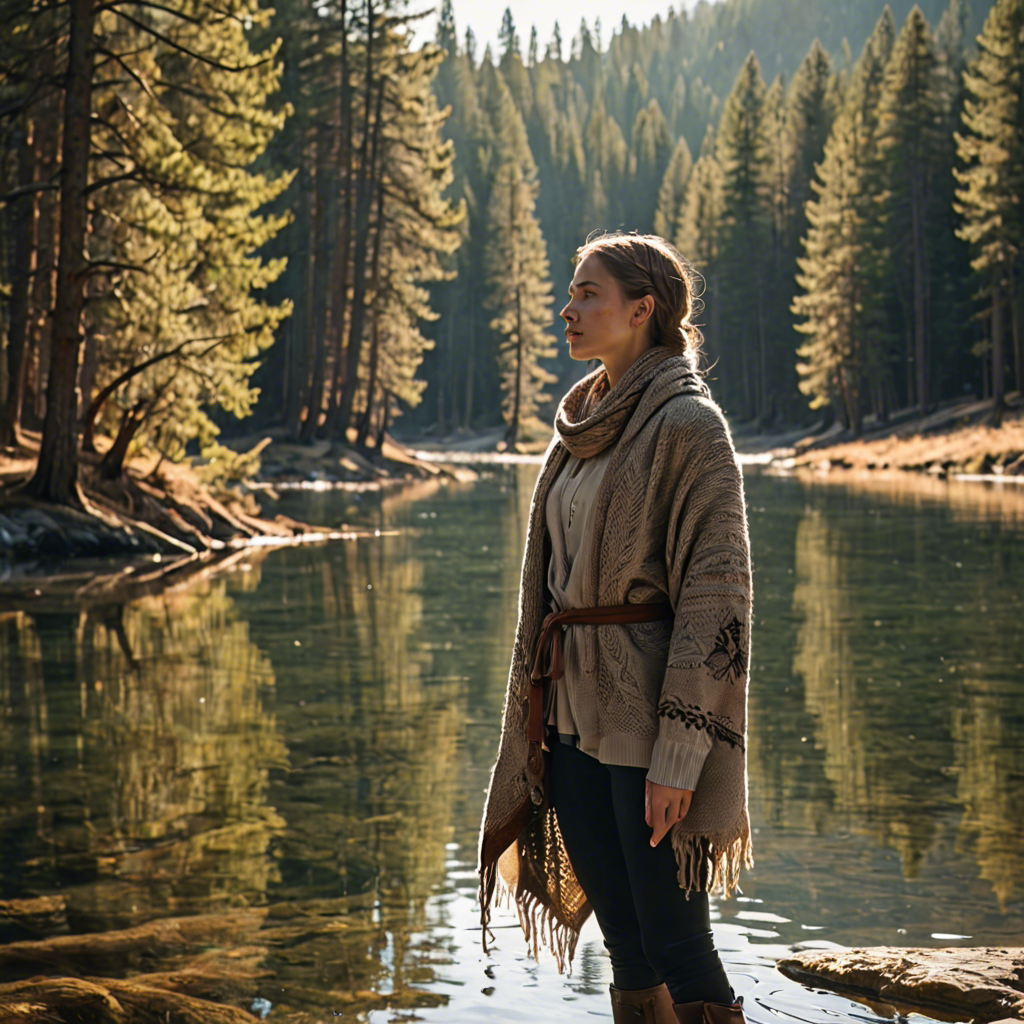 a woman archer wrapped in a warm woolen scarf, standing in a mountain lake surrounded by pines, gentle backlight, detailed — image 24