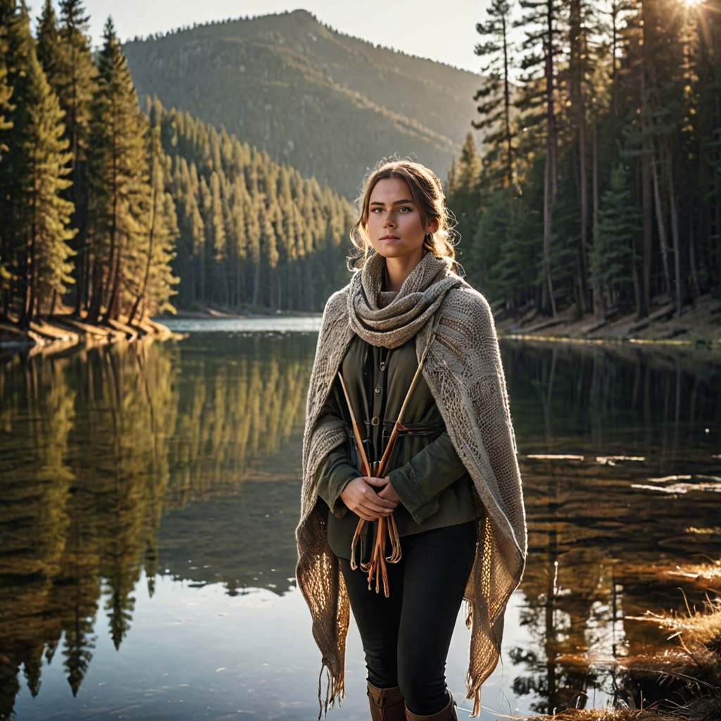 a woman archer wrapped in a warm woolen scarf, standing in a mountain lake surrounded by pines, gentle backlight, detailed — image 25