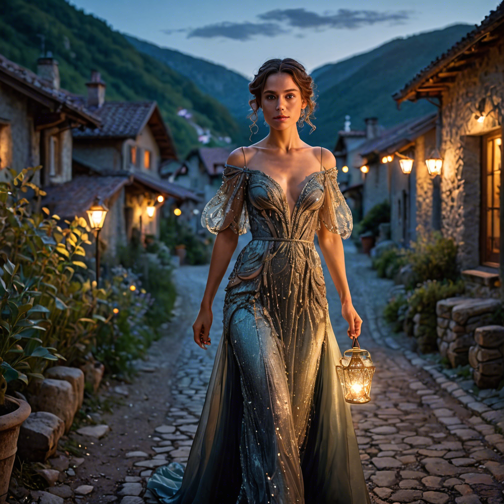a woman botanist in a sparkling evening gown, walking through a mountain village at dusk, warm candlelight, detailed — image 11