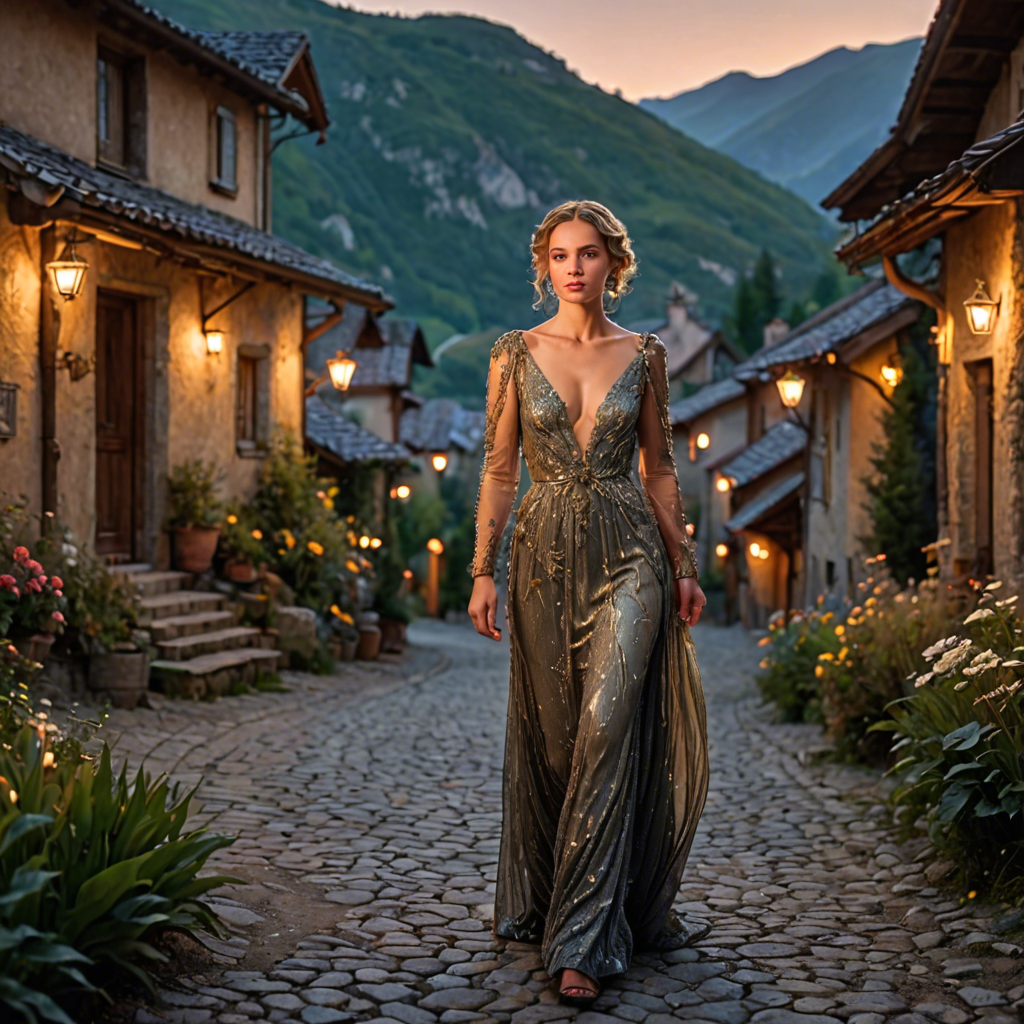 a woman botanist in a sparkling evening gown, walking through a mountain village at dusk, warm candlelight, detailed — image 12