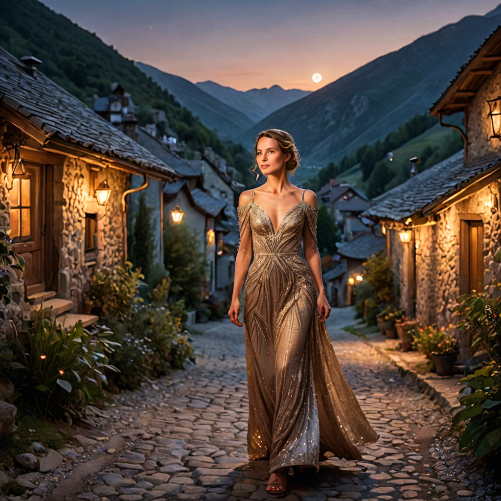 a woman botanist in a sparkling evening gown, walking through a mountain village at dusk, warm candlelight, detailed — image 19