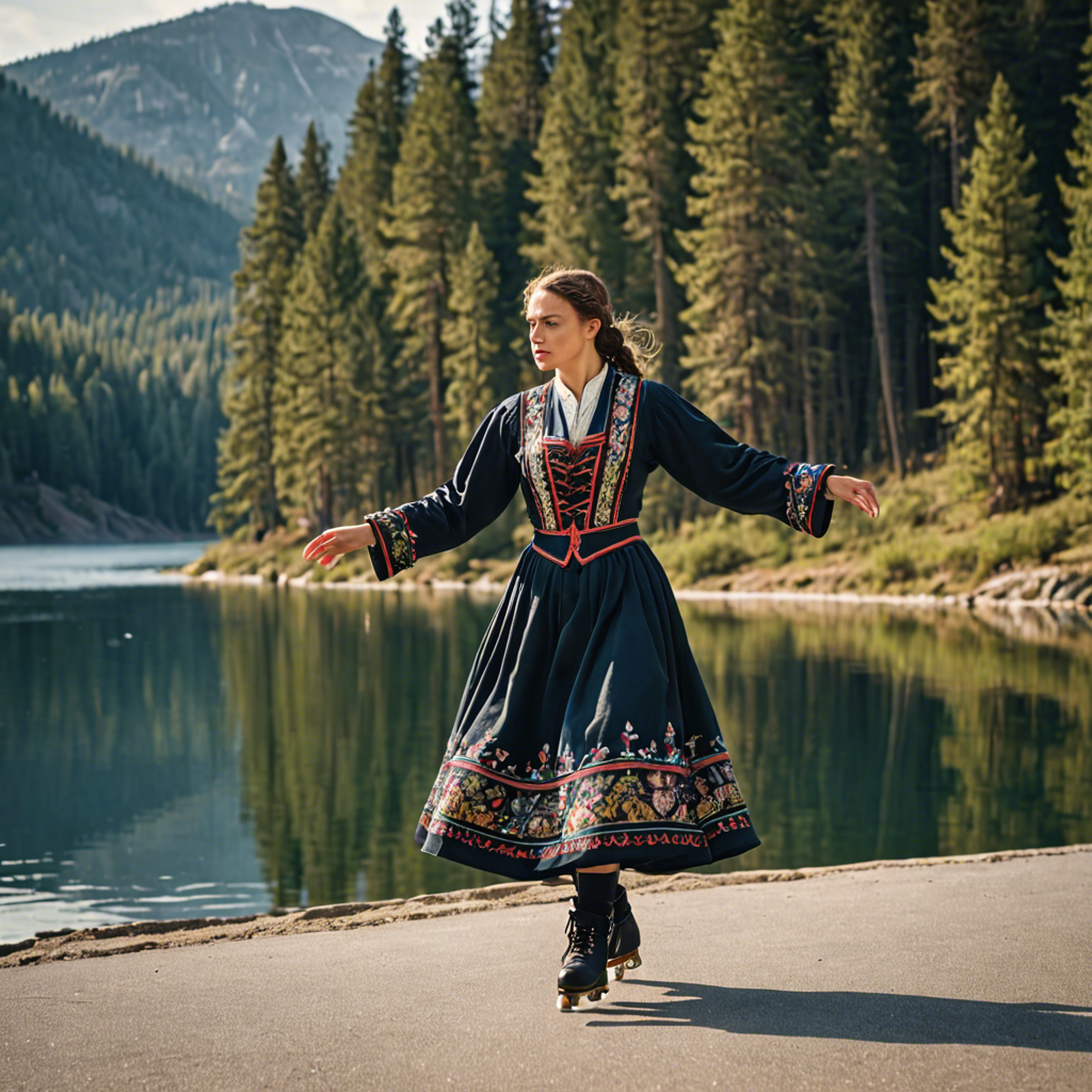 a woman falconer in a traditional embroidered dress, skating gracefully on a mountain lake surrounded by pines, cinematic depth of field, detailed — image 1