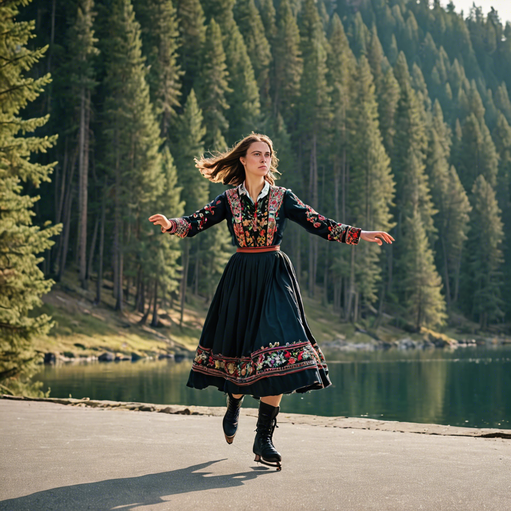 a woman falconer in a traditional embroidered dress, skating gracefully on a mountain lake surrounded by pines, cinematic depth of field, detailed — image 2