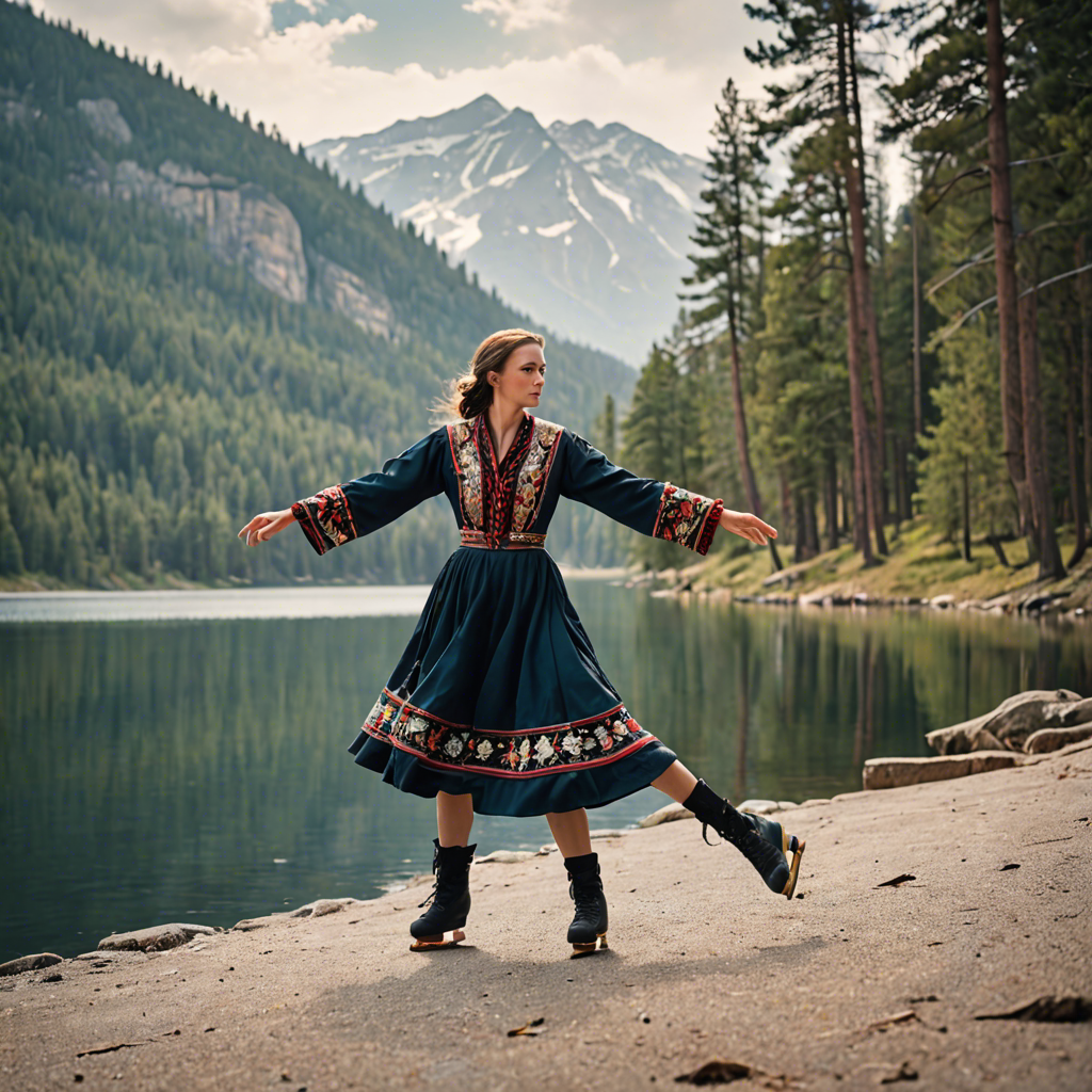 a woman falconer in a traditional embroidered dress, skating gracefully on a mountain lake surrounded by pines, cinematic depth of field, detailed — image 3