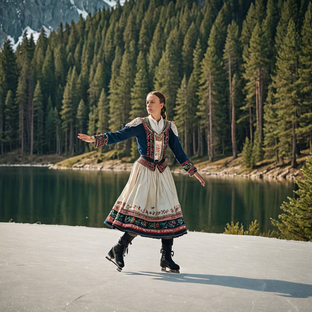 a woman falconer in a traditional embroidered dress, skating gracefully on a mountain lake surrounded by pines, cinematic depth of field, detailed — image 4