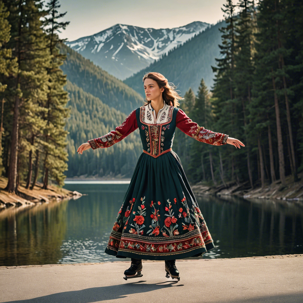 a woman falconer in a traditional embroidered dress, skating gracefully on a mountain lake surrounded by pines, cinematic depth of field, detailed — image 5