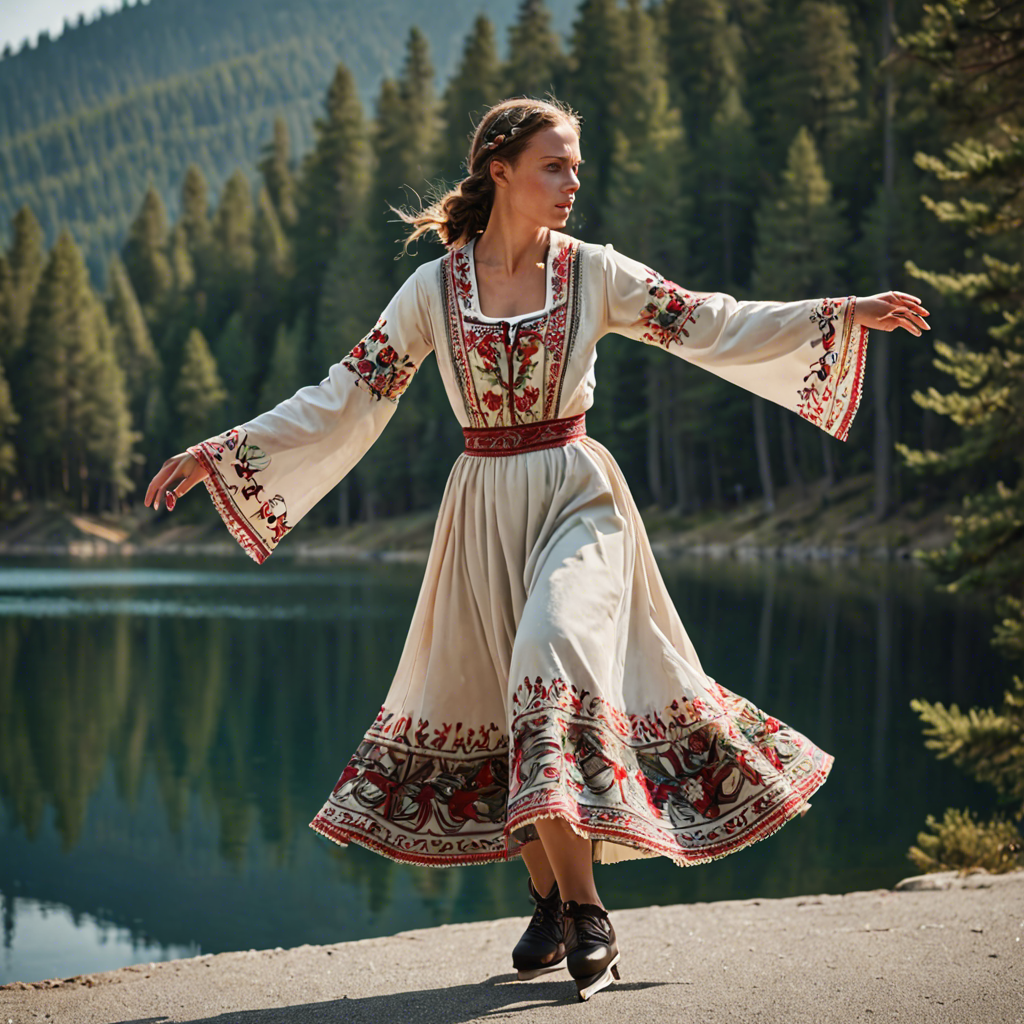 a woman falconer in a traditional embroidered dress, skating gracefully on a mountain lake surrounded by pines, cinematic depth of field, detailed — image 6