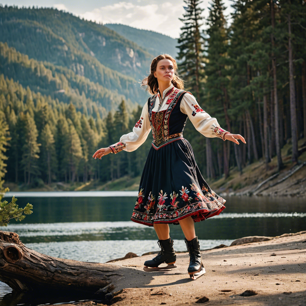 a woman falconer in a traditional embroidered dress, skating gracefully on a mountain lake surrounded by pines, cinematic depth of field, detailed — image 7