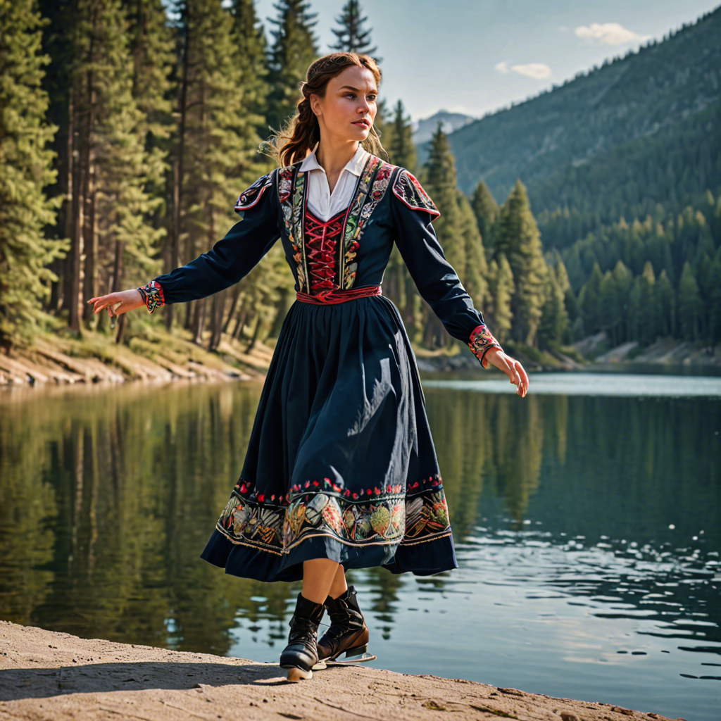 a woman falconer in a traditional embroidered dress, skating gracefully on a mountain lake surrounded by pines, cinematic depth of field, detailed — image 8