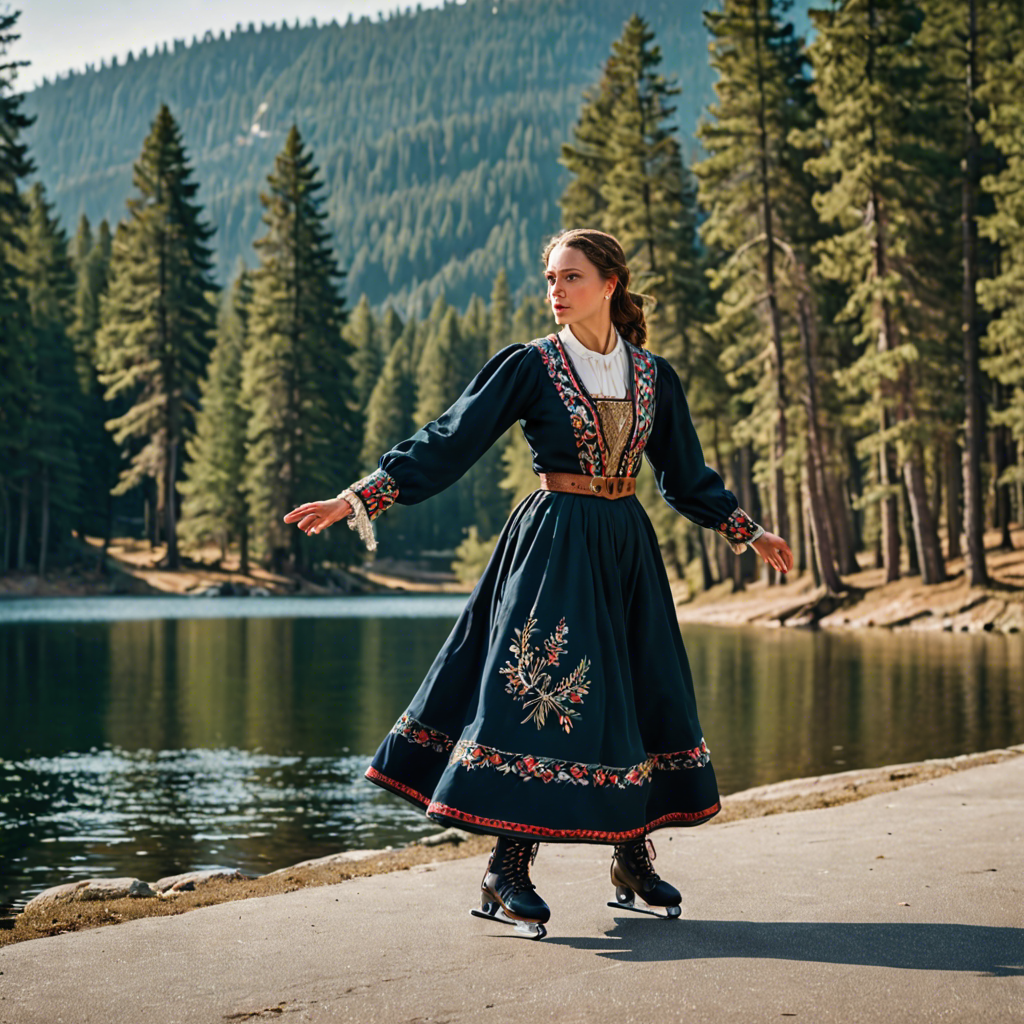 a woman falconer in a traditional embroidered dress, skating gracefully on a mountain lake surrounded by pines, cinematic depth of field, detailed — image 9