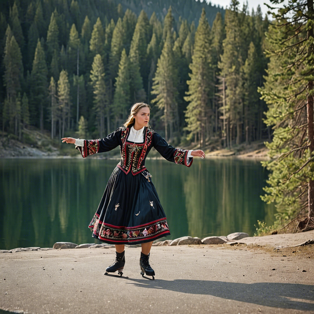 a woman falconer in a traditional embroidered dress, skating gracefully on a mountain lake surrounded by pines, cinematic depth of field, detailed — image 10