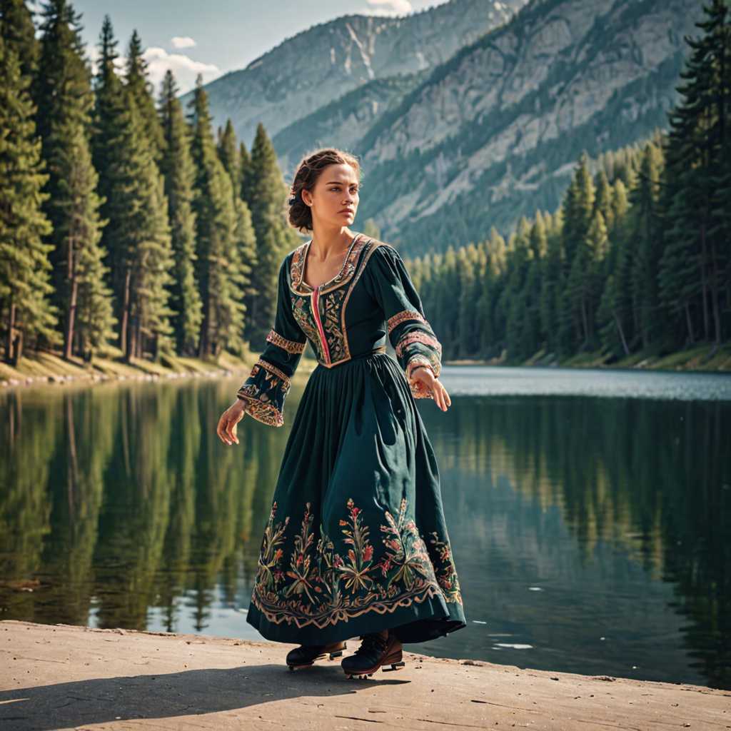 a woman falconer in a traditional embroidered dress, skating gracefully on a mountain lake surrounded by pines, cinematic depth of field, detailed — image 11