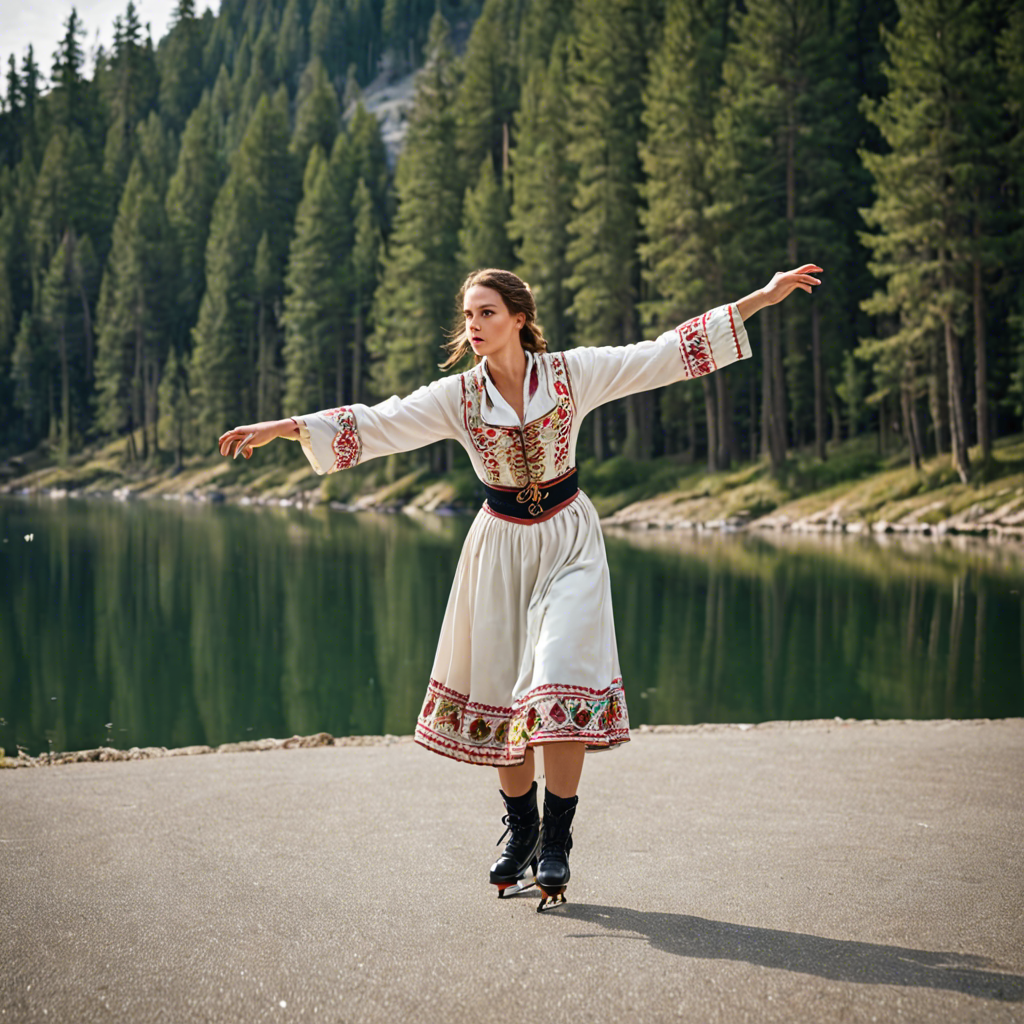 a woman falconer in a traditional embroidered dress, skating gracefully on a mountain lake surrounded by pines, cinematic depth of field, detailed — image 12