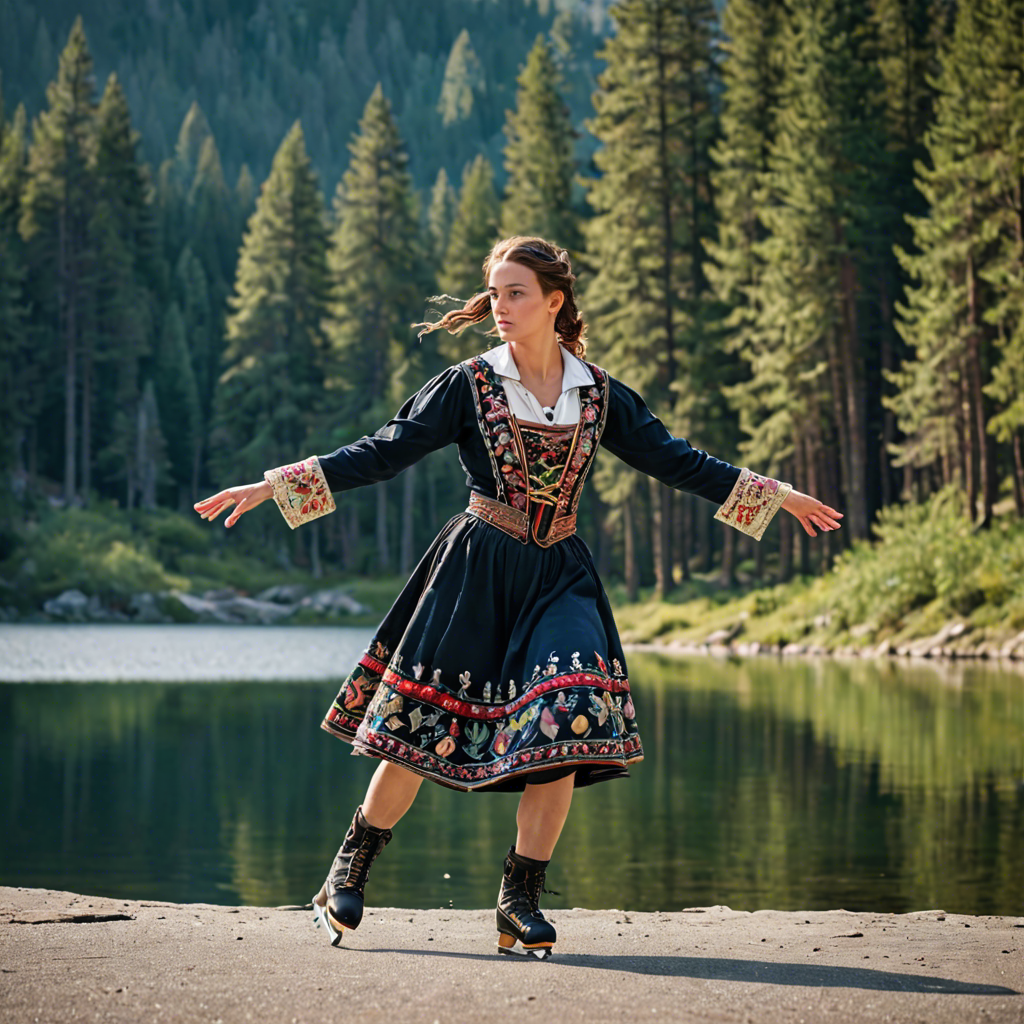 a woman falconer in a traditional embroidered dress, skating gracefully on a mountain lake surrounded by pines, cinematic depth of field, detailed — image 13