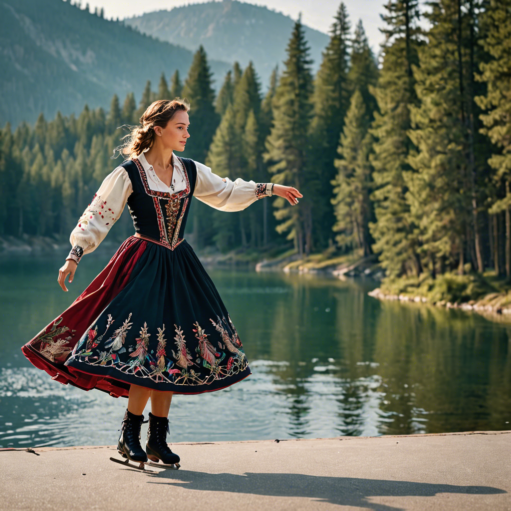 a woman falconer in a traditional embroidered dress, skating gracefully on a mountain lake surrounded by pines, cinematic depth of field, detailed — image 14