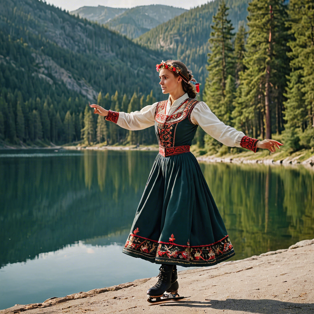 a woman falconer in a traditional embroidered dress, skating gracefully on a mountain lake surrounded by pines, cinematic depth of field, detailed — image 15