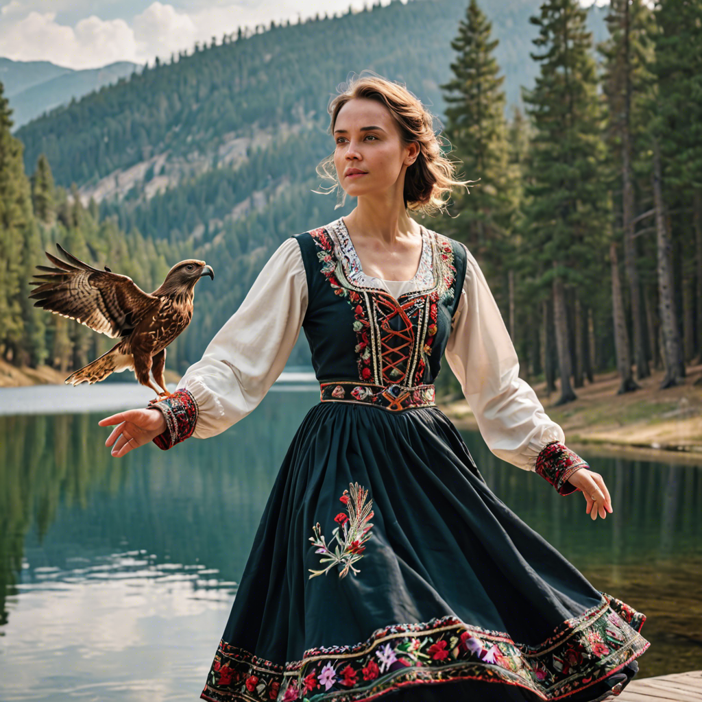 a woman falconer in a traditional embroidered dress, skating gracefully on a mountain lake surrounded by pines, cinematic depth of field, detailed — image 16