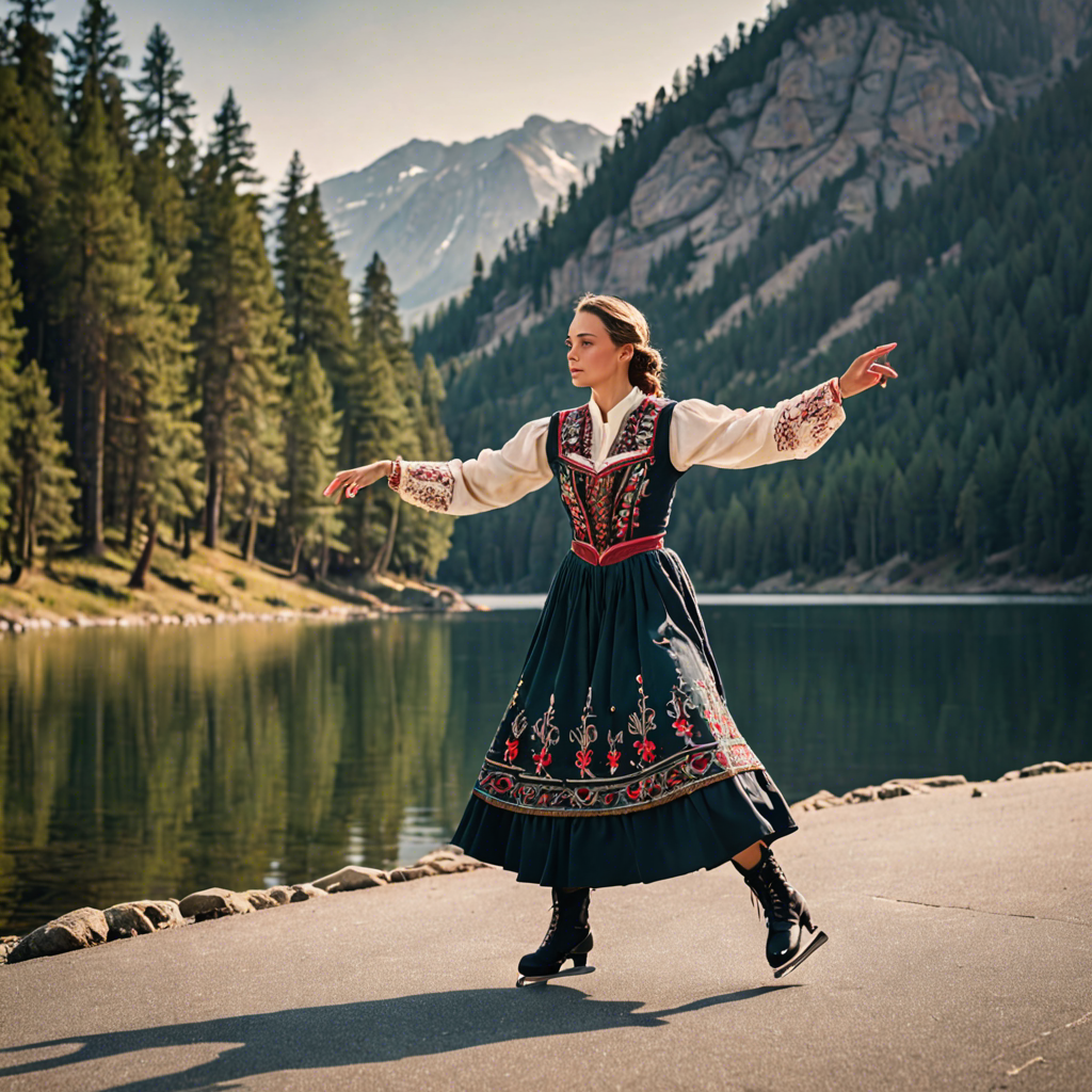 a woman falconer in a traditional embroidered dress, skating gracefully on a mountain lake surrounded by pines, cinematic depth of field, detailed — image 17