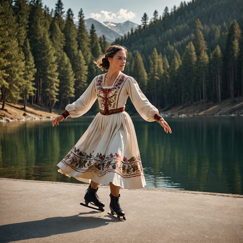 a woman falconer in a traditional embroidered dress, skating gracefully on a mountain lake surrounded by pines, cinematic depth of field, detailed — image 18