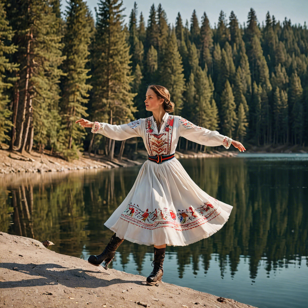 a woman falconer in a traditional embroidered dress, skating gracefully on a mountain lake surrounded by pines, cinematic depth of field, detailed — image 19