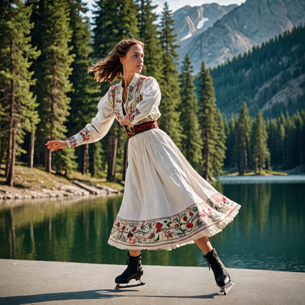 a woman falconer in a traditional embroidered dress, skating gracefully on a mountain lake surrounded by pines, cinematic depth of field, detailed — image 20