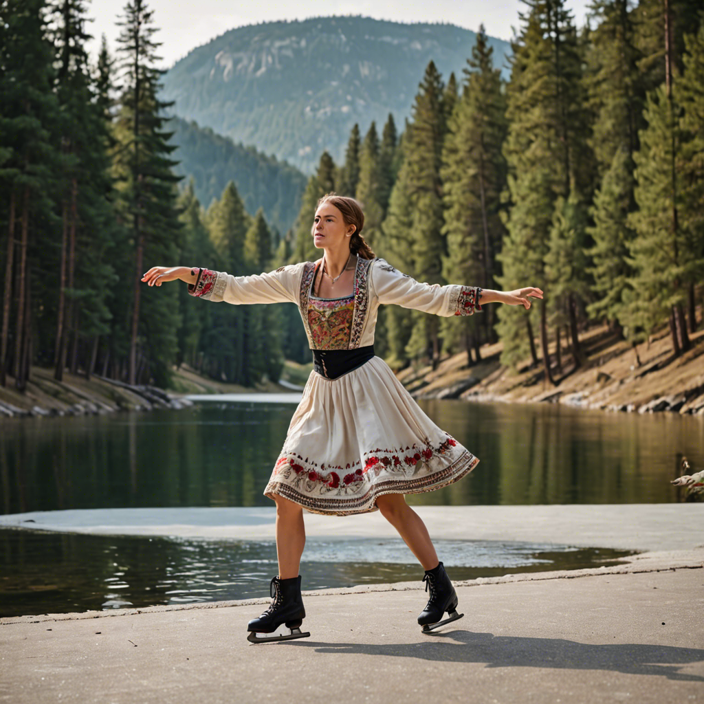 a woman falconer in a traditional embroidered dress, skating gracefully on a mountain lake surrounded by pines, cinematic depth of field, detailed — image 21
