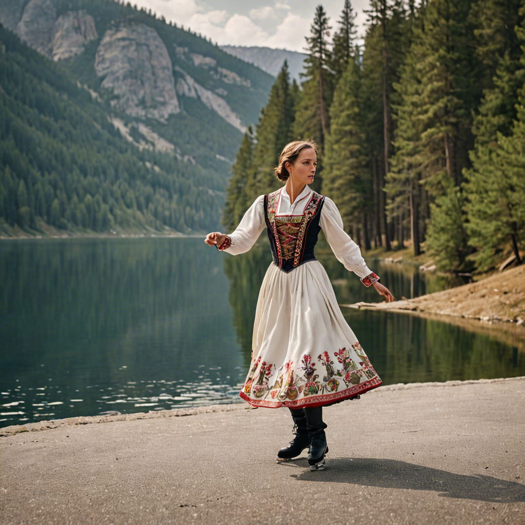 a woman falconer in a traditional embroidered dress, skating gracefully on a mountain lake surrounded by pines, cinematic depth of field, detailed — image 22