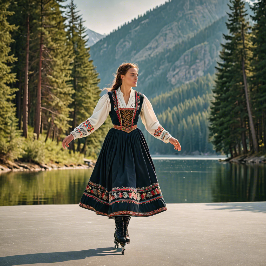 a woman falconer in a traditional embroidered dress, skating gracefully on a mountain lake surrounded by pines, cinematic depth of field, detailed — image 23