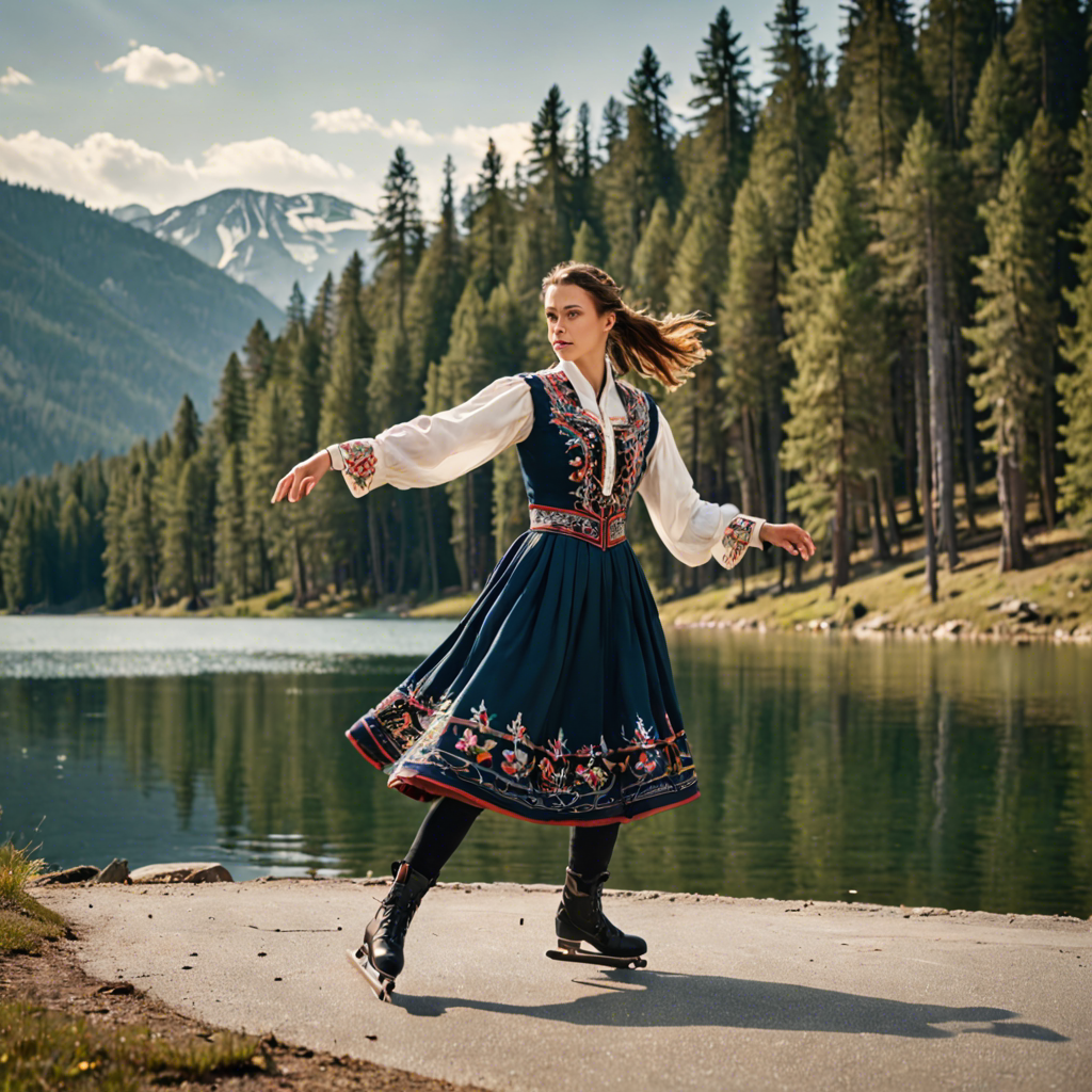 a woman falconer in a traditional embroidered dress, skating gracefully on a mountain lake surrounded by pines, cinematic depth of field, detailed — image 24
