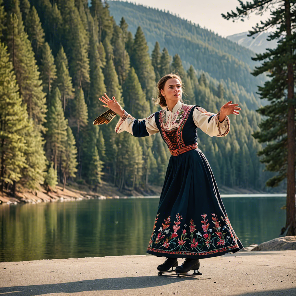 a woman falconer in a traditional embroidered dress, skating gracefully on a mountain lake surrounded by pines, cinematic depth of field, detailed — image 25