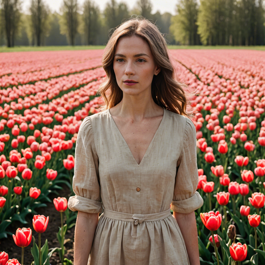 a woman photographer in a simple linen dress, standing in a tulip field in the netherlands, soft cinematic lighting, detailed — image 1