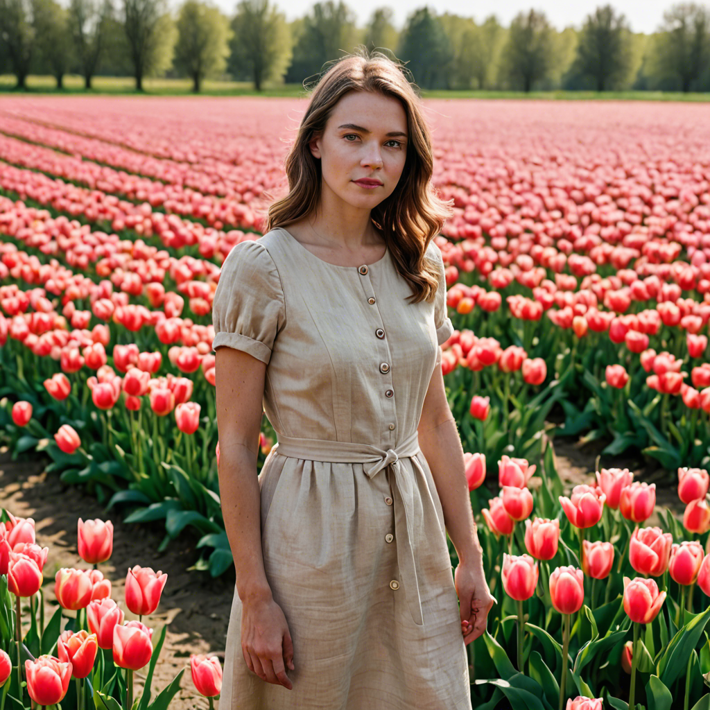 a woman photographer in a simple linen dress, standing in a tulip field in the netherlands, soft cinematic lighting, detailed — image 2