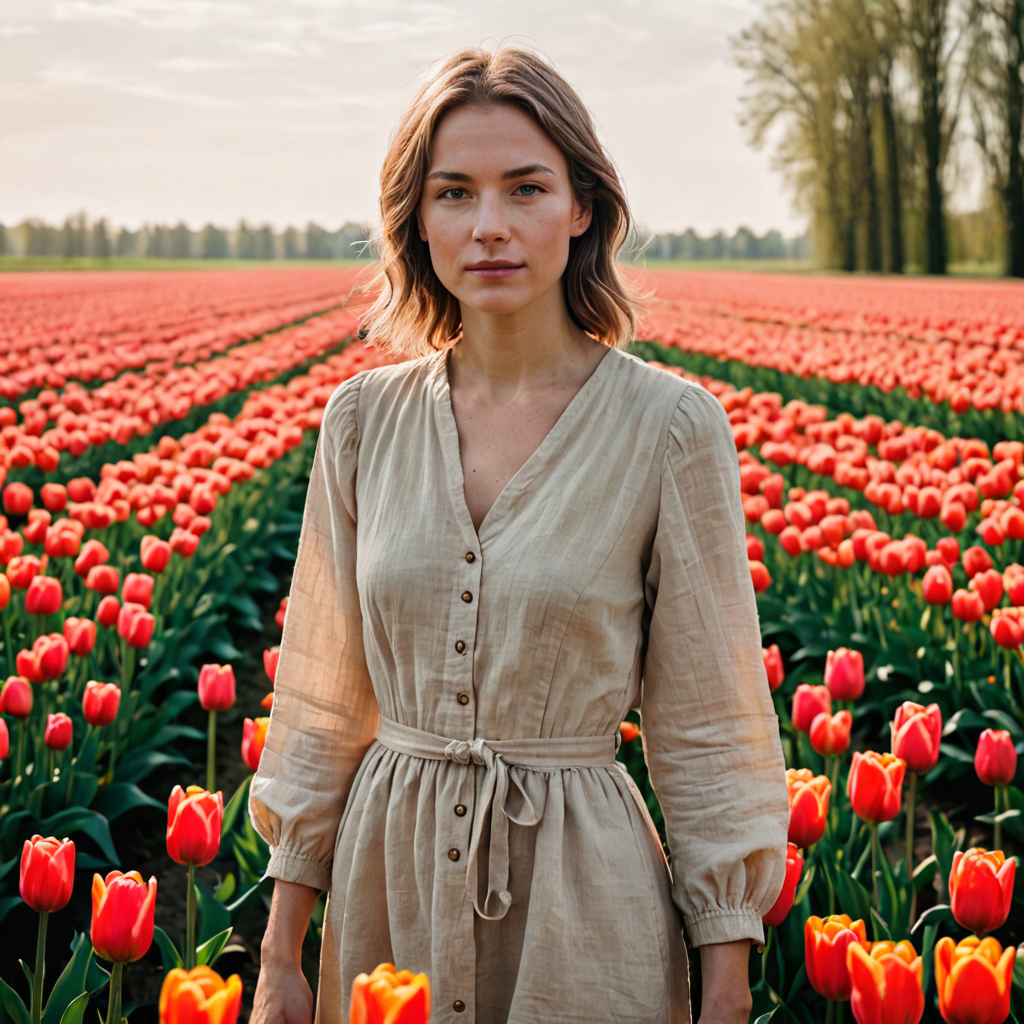 a woman photographer in a simple linen dress, standing in a tulip field in the netherlands, soft cinematic lighting, detailed — image 3