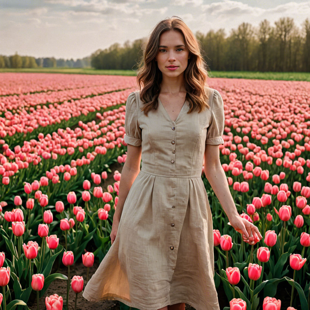 a woman photographer in a simple linen dress, standing in a tulip field in the netherlands, soft cinematic lighting, detailed — image 4