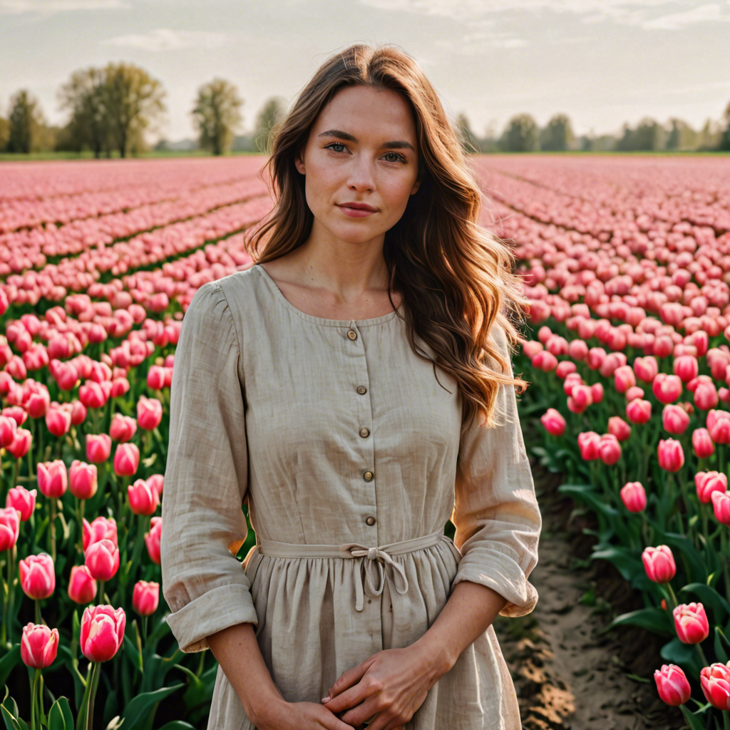 a woman photographer in a simple linen dress, standing in a tulip field in the netherlands, soft cinematic lighting, detailed — image 5
