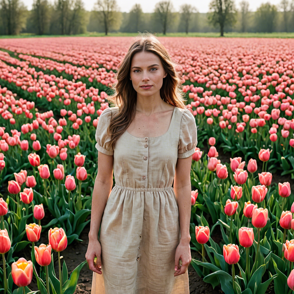 a woman photographer in a simple linen dress, standing in a tulip field in the netherlands, soft cinematic lighting, detailed — image 6