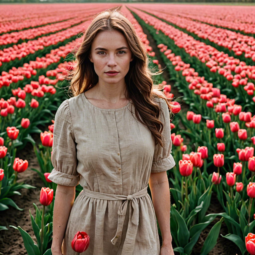 a woman photographer in a simple linen dress, standing in a tulip field in the netherlands, soft cinematic lighting, detailed — image 7
