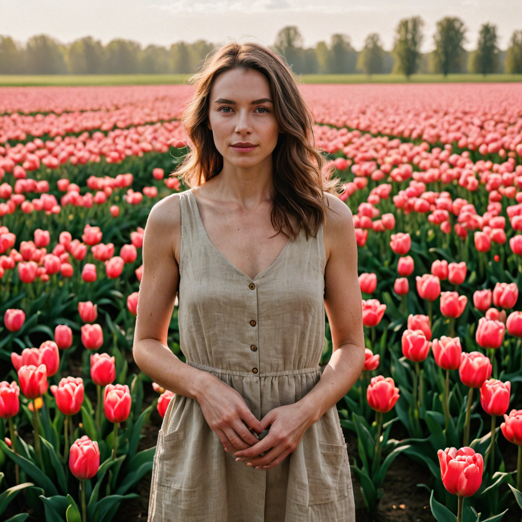 a woman photographer in a simple linen dress, standing in a tulip field in the netherlands, soft cinematic lighting, detailed — image 8