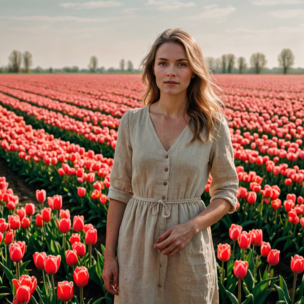 a woman photographer in a simple linen dress, standing in a tulip field in the netherlands, soft cinematic lighting, detailed — image 9