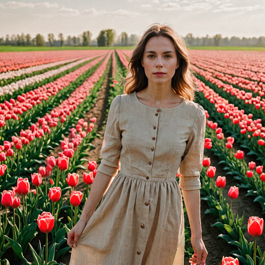a woman photographer in a simple linen dress, standing in a tulip field in the netherlands, soft cinematic lighting, detailed — image 10