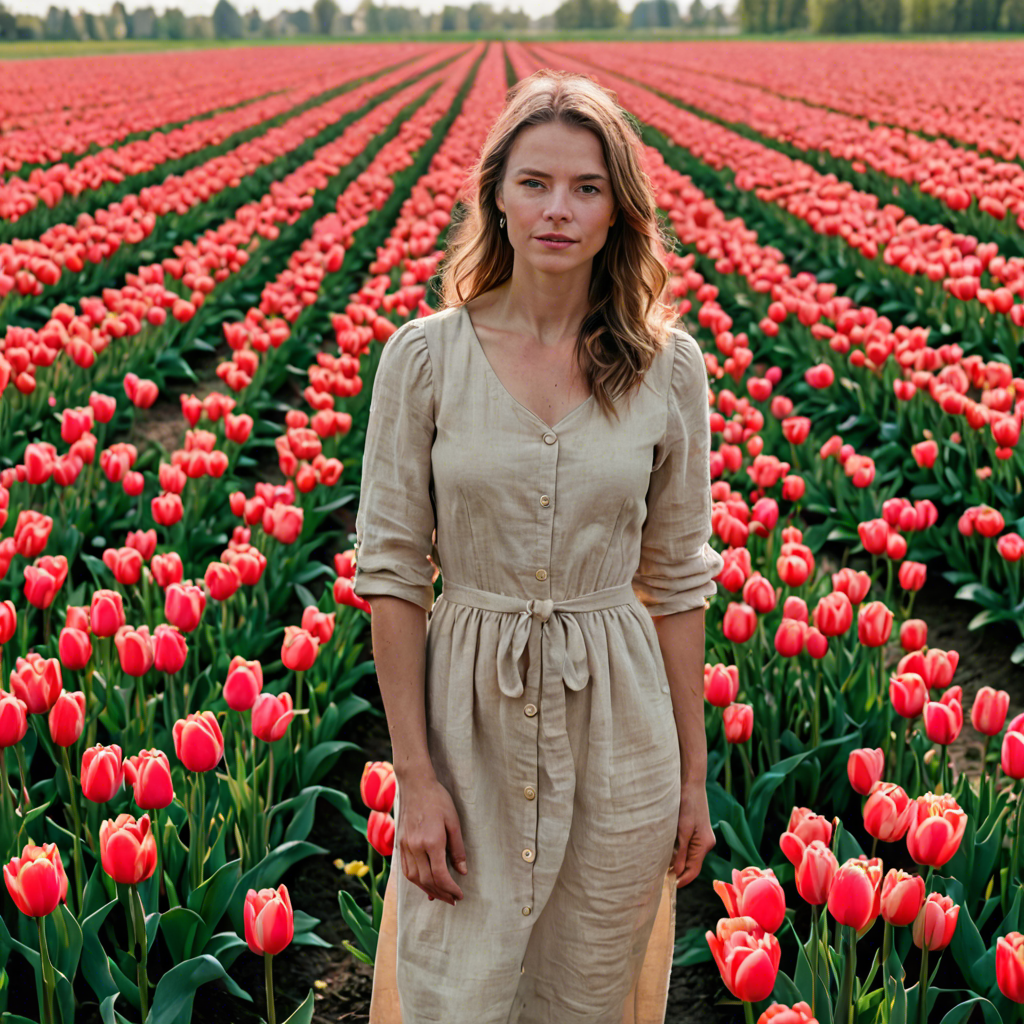 a woman photographer in a simple linen dress, standing in a tulip field in the netherlands, soft cinematic lighting, detailed — image 11